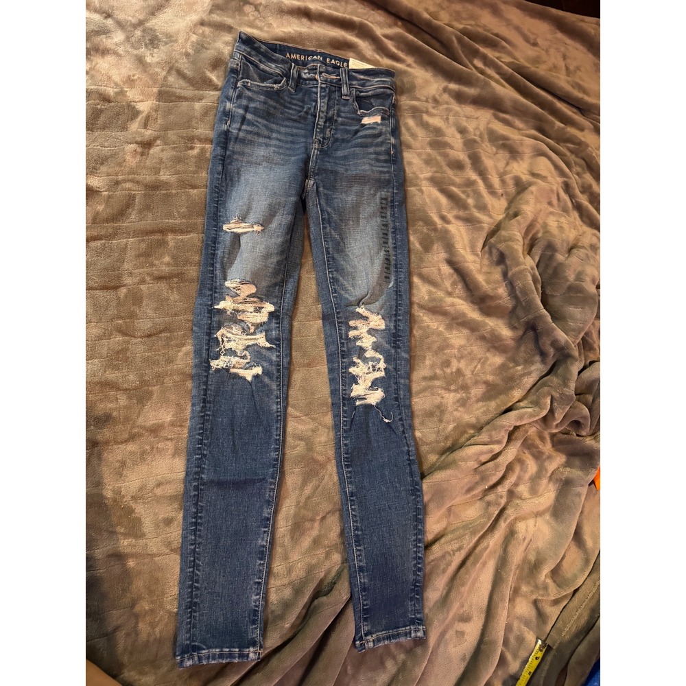 American Eagle Super High-Rise Jegging 000 23W Slasher Blue Distressed Jeans NWT